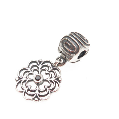 Pandora 925 Sterling Silver Round-Cut Black C Z Dogwood Dangle Clip Charm