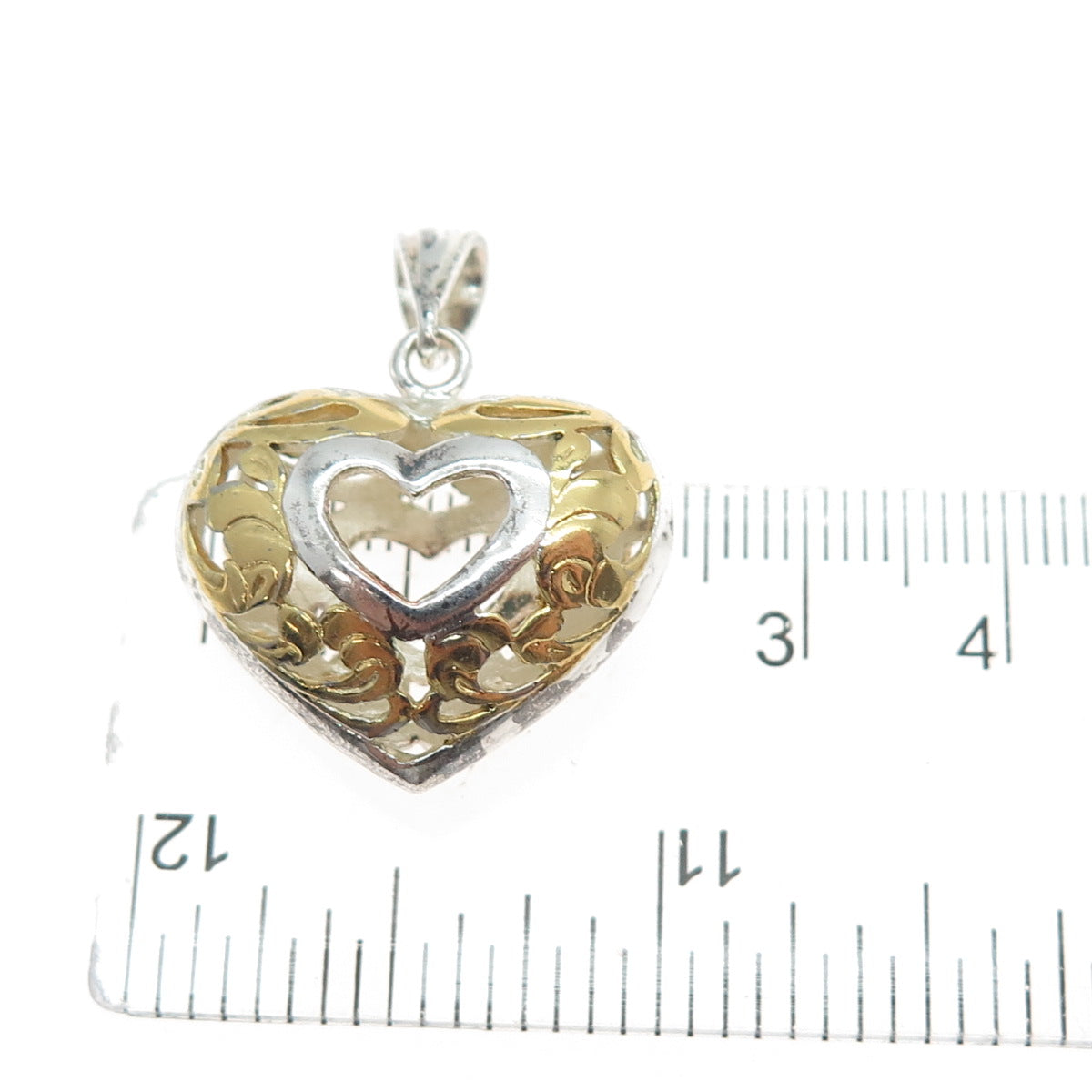 925 Sterling Silver 2-Tone Vintage Ornate Heart Charm Pendant