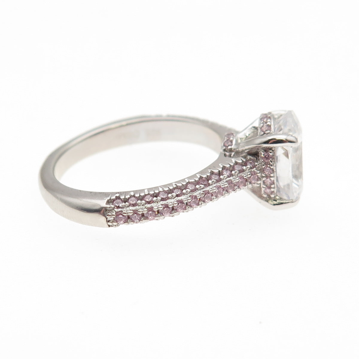 DSMK 925 Sterling Silver White Oval & Pink Round-Cut C Z Engagement Ring Size 7
