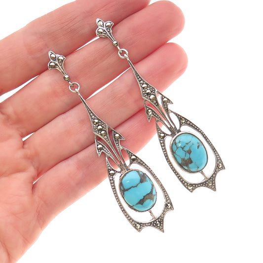 925 Sterling Silver Vintage Real Turquoise & Marcasite Oxidized Dangle Earrings