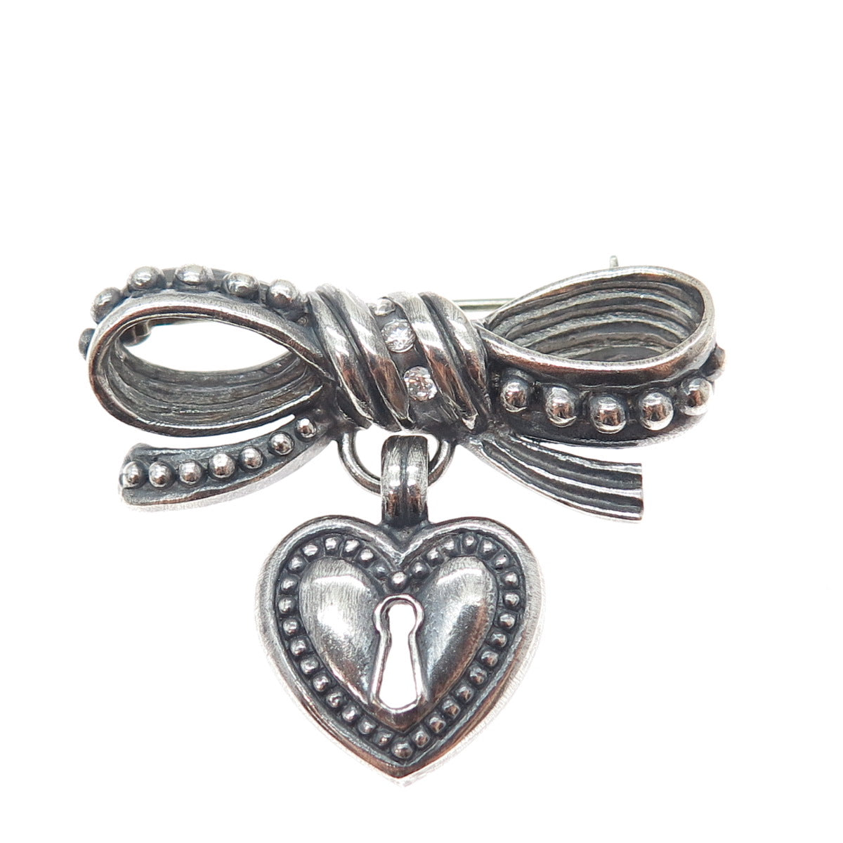 925 Sterling Silver Vintage C Z Ribbon Bow Heart Lock Oxidized Pin Brooch