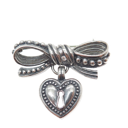 925 Sterling Silver Vintage C Z Ribbon Bow Heart Lock Oxidized Pin Brooch