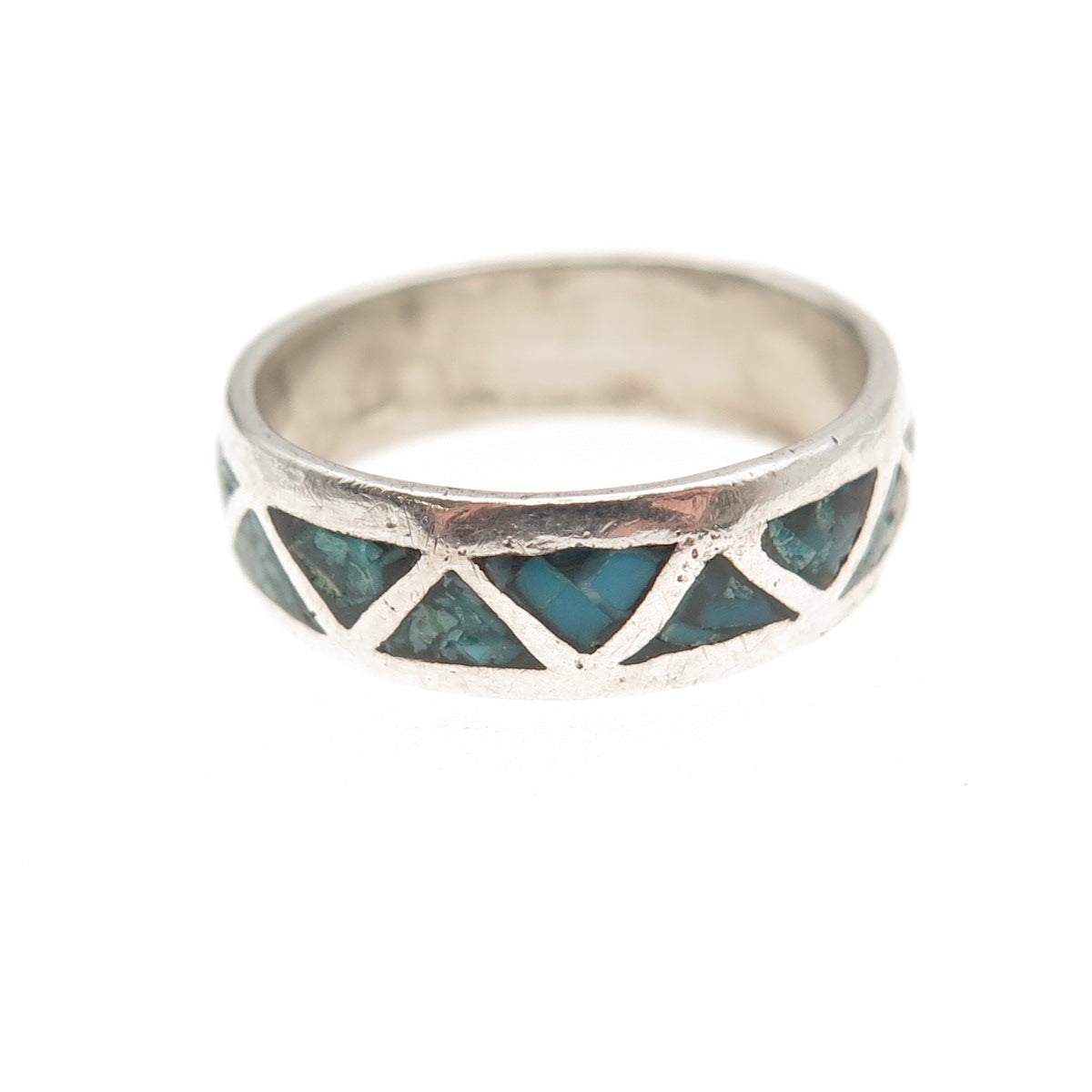 Old Pawn 925 Sterling Silver Vintage Turquoise Inlay Tribal Band Ring Size 6.5