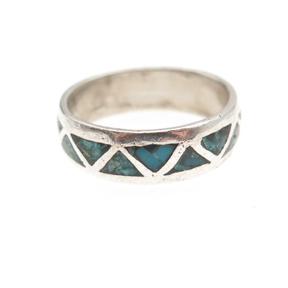 Old Pawn 925 Sterling Silver Vintage Turquoise Inlay Tribal Band Ring Size 6.5