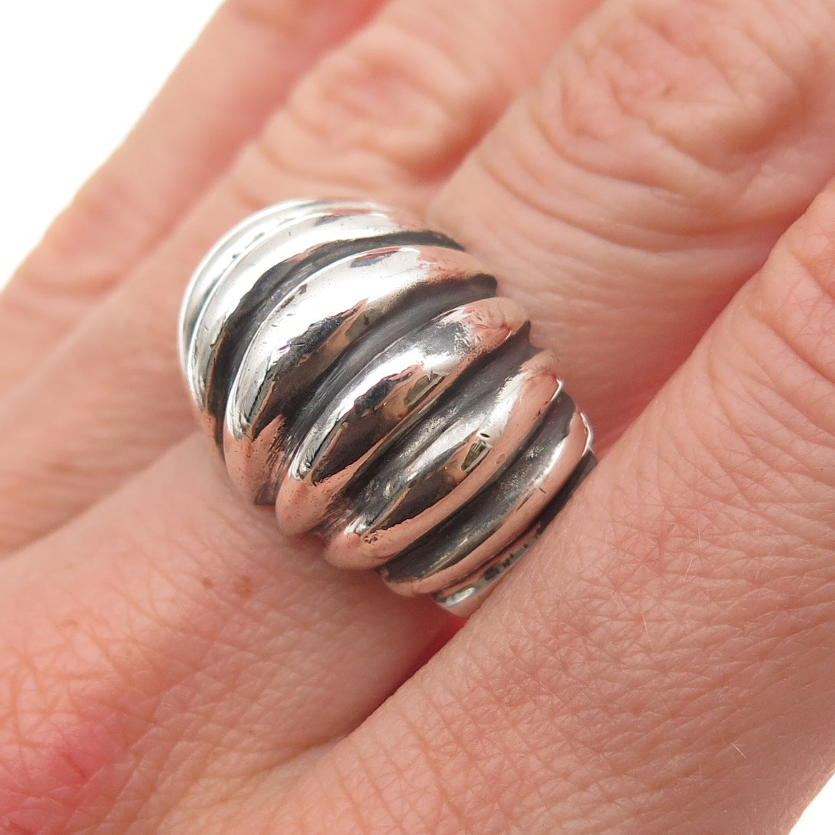 925 Sterling Silver Vintage Mexico Modernist Oxidized Dome Ring Size 7.75