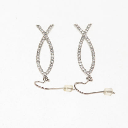 925 Sterling Silver Round-Cut C Z Pisces Zodiac Sign Dangle Earrings