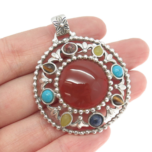 925 Sterling Vintage Real Carnelian Tiger Eye Turquoise Sodalite Jasper Pendant