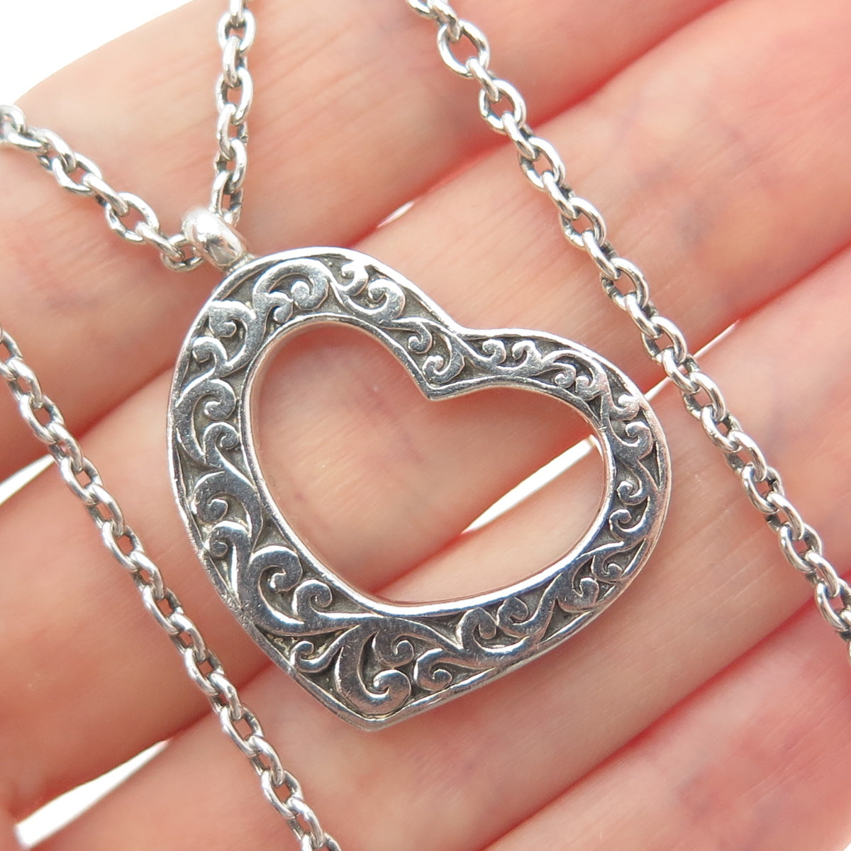 LOIS HILL 925 Sterling Silver Vintage Heart Scroll Cable Chain Necklace 17-18"