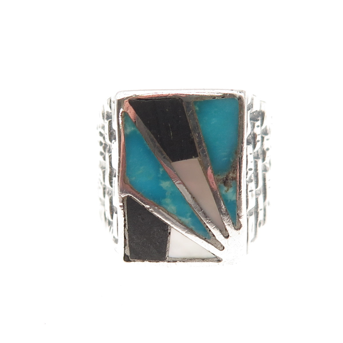 Old Pawn 925 Sterling Silver Vintage Turquoise Black Onyx & MOP Ring Size 9.25