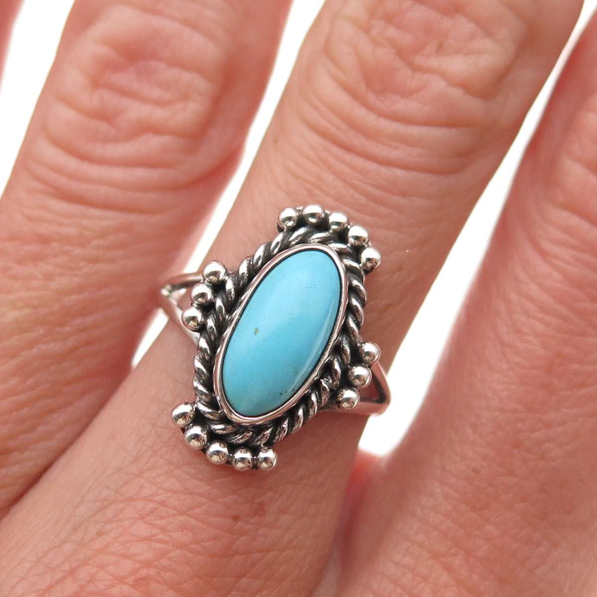 925 Sterling Silver Vintage Real Tyrone Turquoise Oxidized Ring Size 6.5