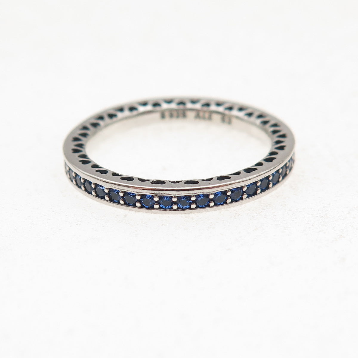 Pandora 925 Sterling Silver Enamel & Blue C Z Radiant Hearts Band Ring Size 6