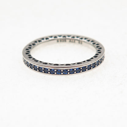 Pandora 925 Sterling Silver Enamel & Blue C Z Radiant Hearts Band Ring Size 6