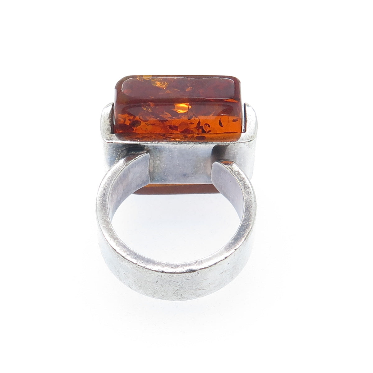925 Sterling Silver Vintage Real Amber Modernist Oxidized Ring Size 8.25