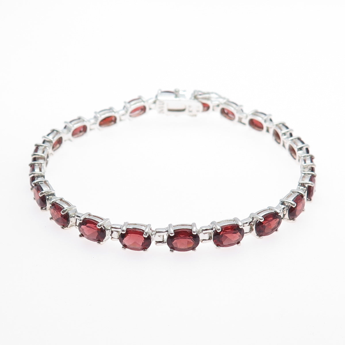 925 Sterling Silver Vintage Real Oval-Cut Red Garnet Tennis Link Bracelet 8"