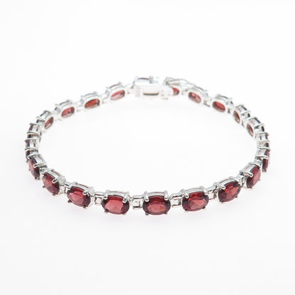 925 Sterling Silver Vintage Real Oval-Cut Red Garnet Tennis Link Bracelet 8"