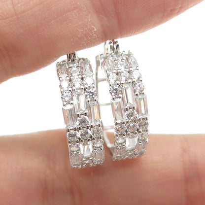 925 Sterling Silver C Z Hinged Hoop Earrings