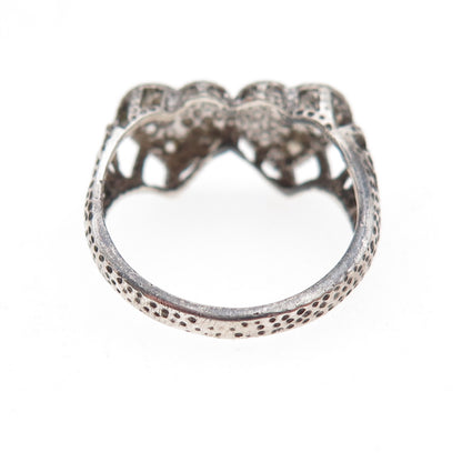 925 Sterling Silver Round-Cut C Z Couple Heart Oxidized Ring Size 6