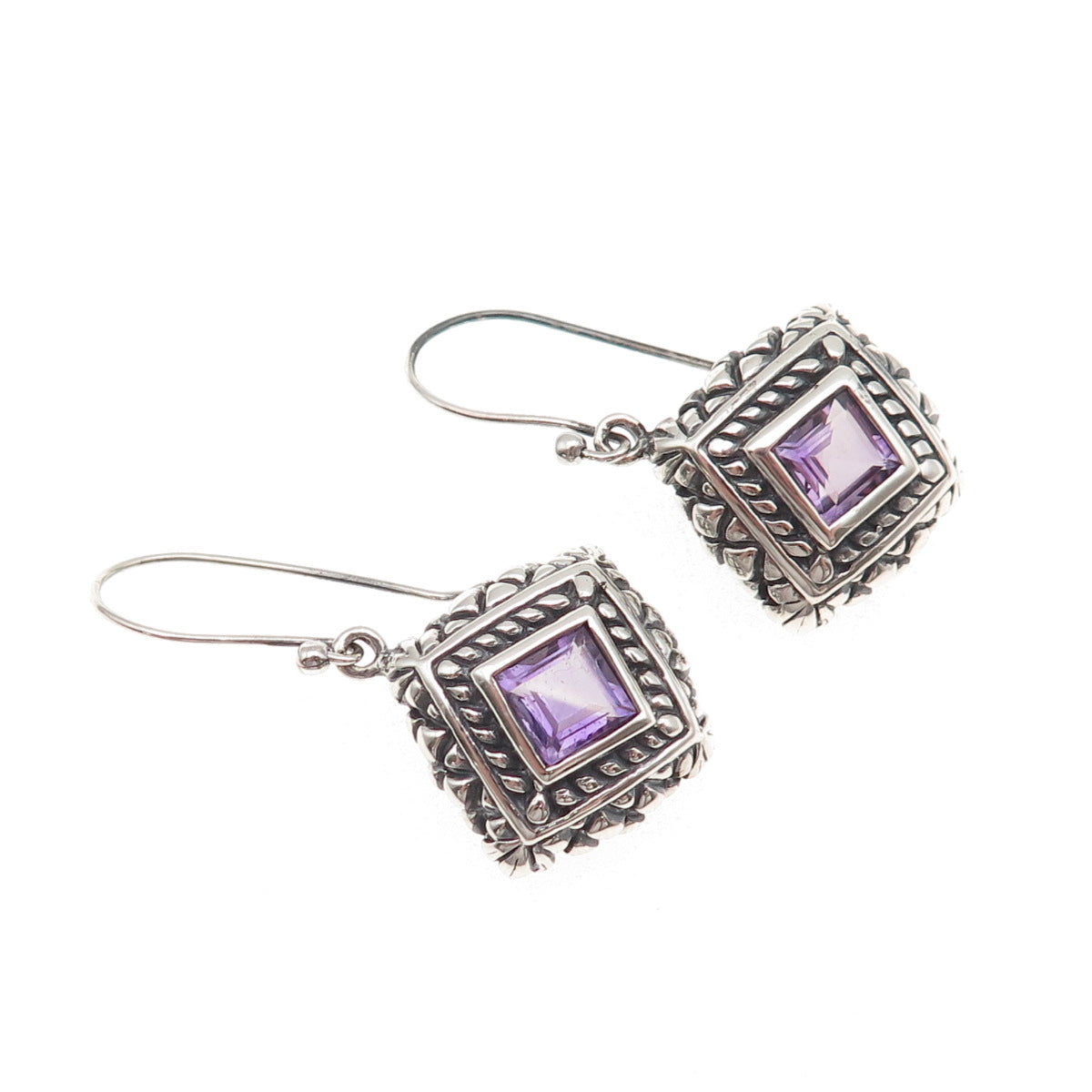 925 Sterling Silver Vintage Real Amethyst Oxidized Dangle Earrings
