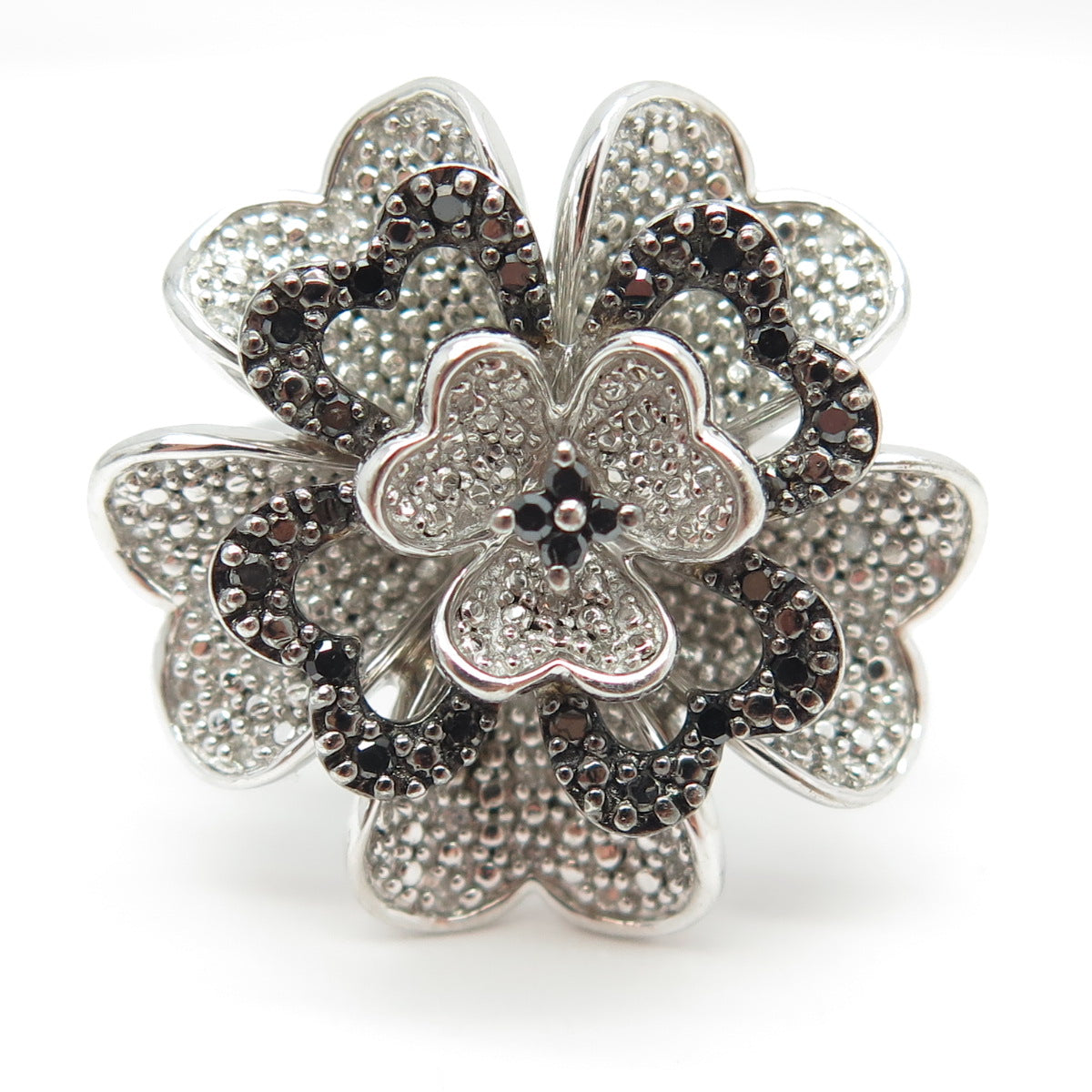 SUN 925 Sterling Silver Real Round-Cut Black White Diamond Flower Ring Size 7.25