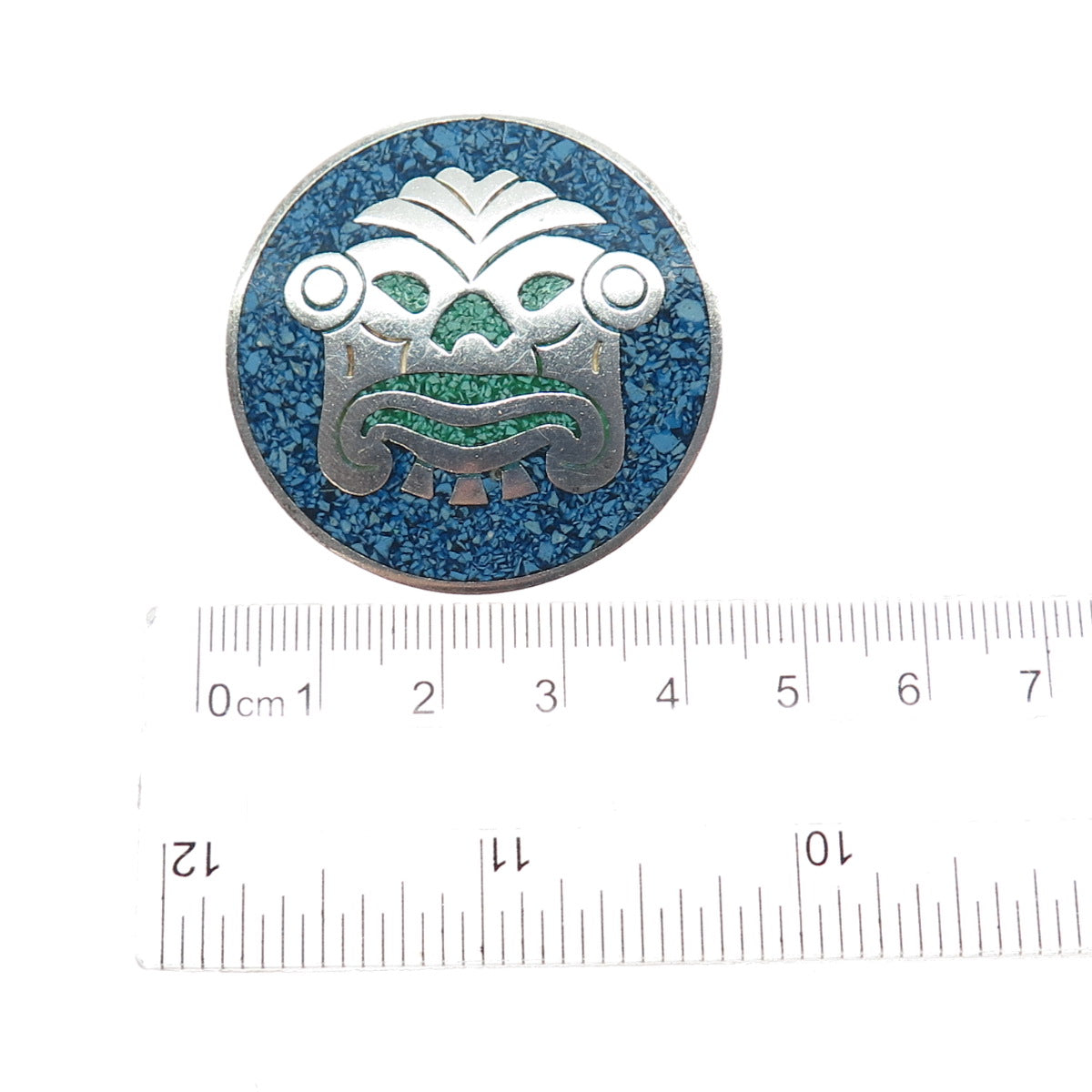 925 Sterling Silver Vintage Mexico Real Turquoise Inlay Aztec God Brooch Pendant