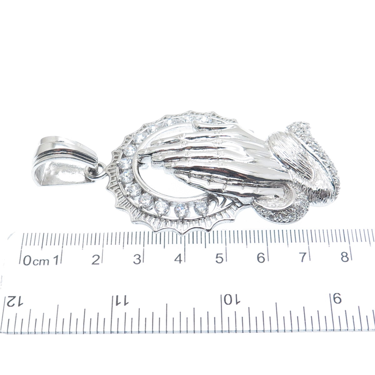 925 Sterling Silver Round-Cut C Z Praying Hands Pendant