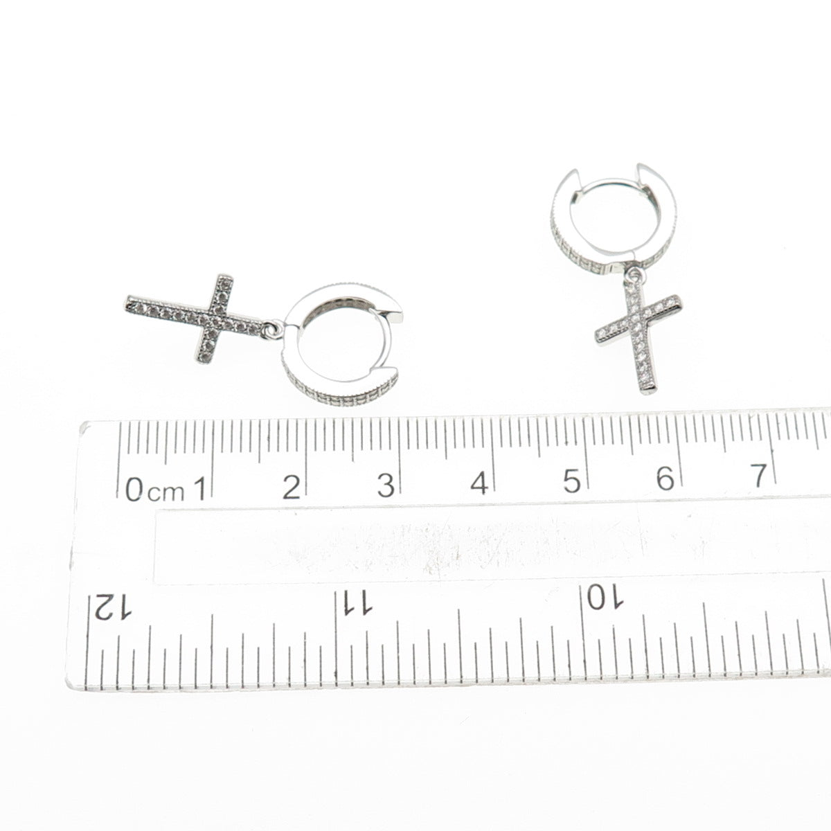 925 Sterling Silver Round-Cut C Z Cross Dangle Hoop Earrings