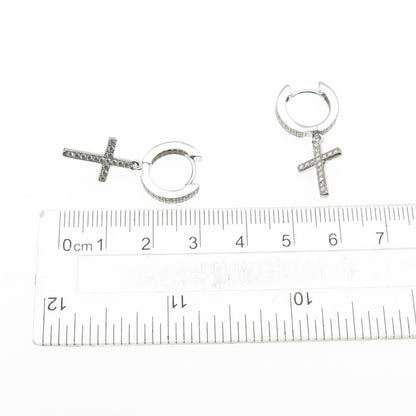 925 Sterling Silver Round-Cut C Z Cross Dangle Hoop Earrings