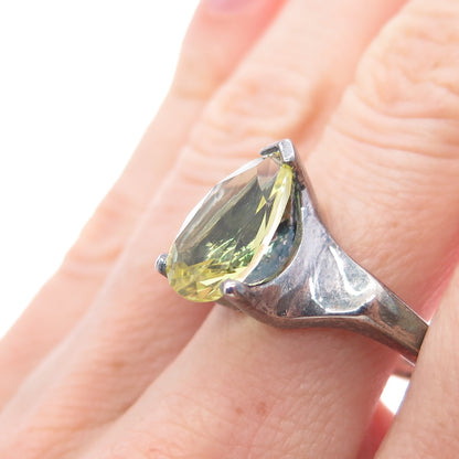 925 Sterling Silver Vintage Real Lime Citrine Teardrop Oxidized Ring Size 9