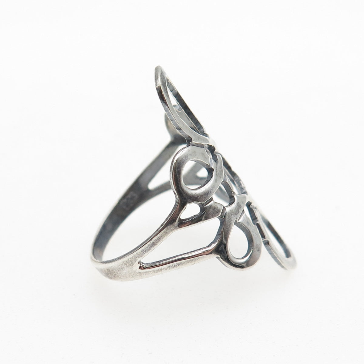 925 Sterling Silver Vintage Mexico Modernist Swirl Flower Oxidized Ring Size 7.5