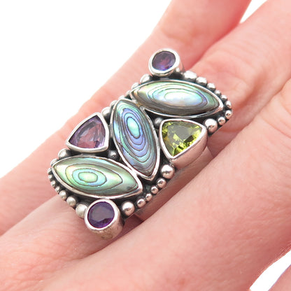 Sajen Sterling Silver Vintage Real Abalone Shell Amethyst Peridot Ring Size 5.25