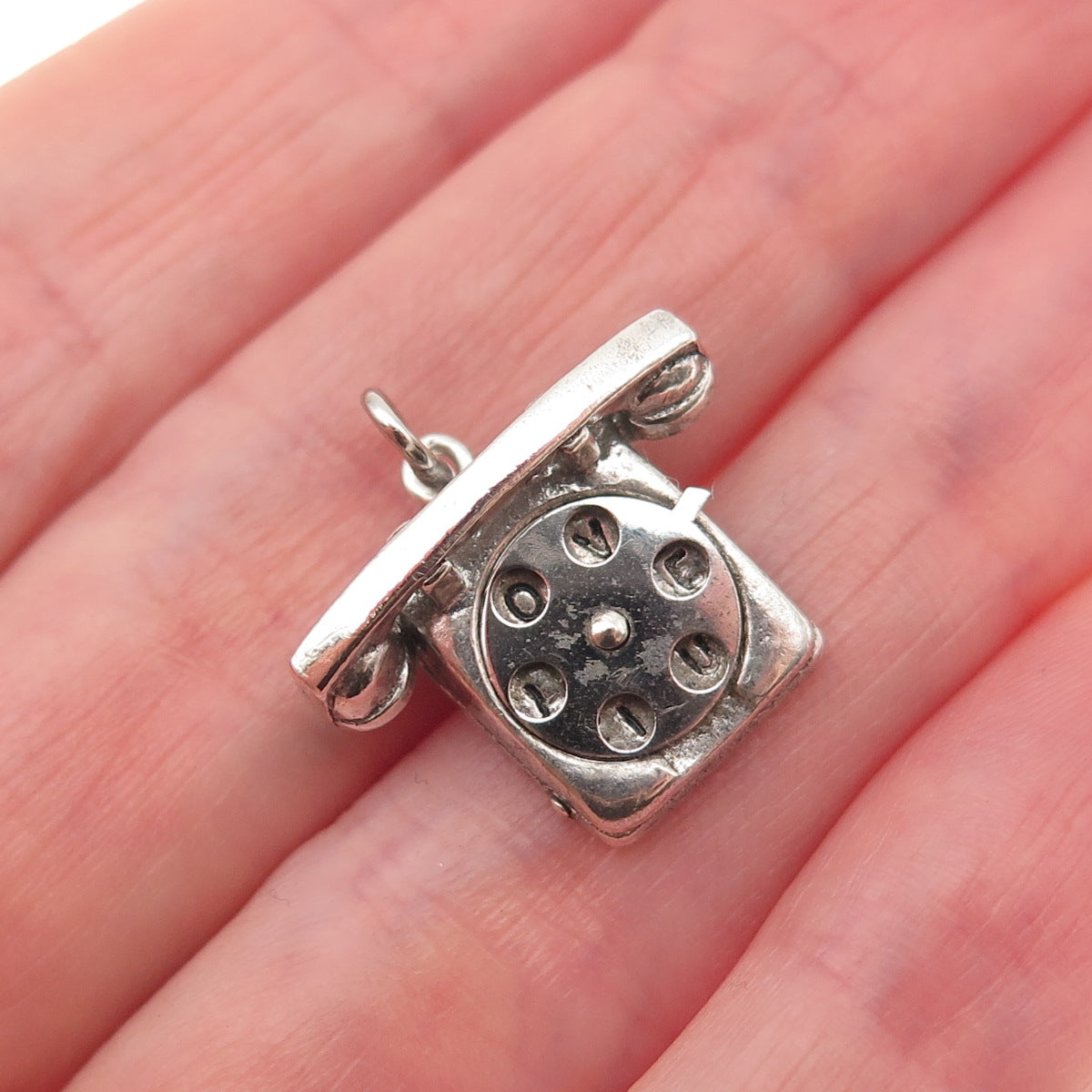 WELLS 925 Sterling Silver Vintage I Love You Rotary Phone 3D Mini Charm Pendant