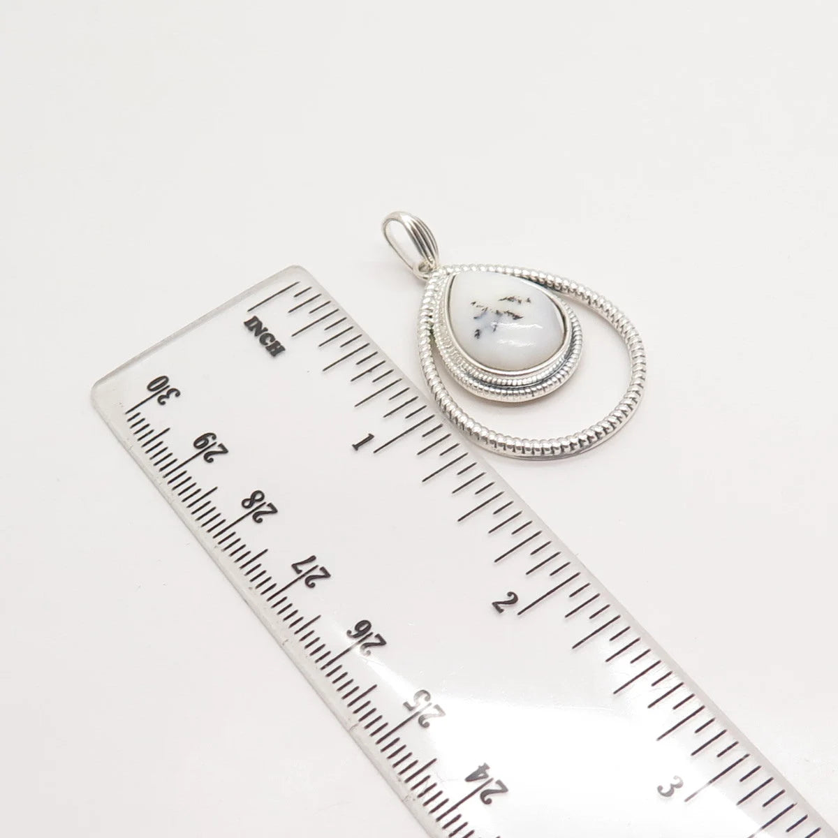 925 Sterling Silver Vintage Real Dendritic Agate Gem Teardrop Pendant