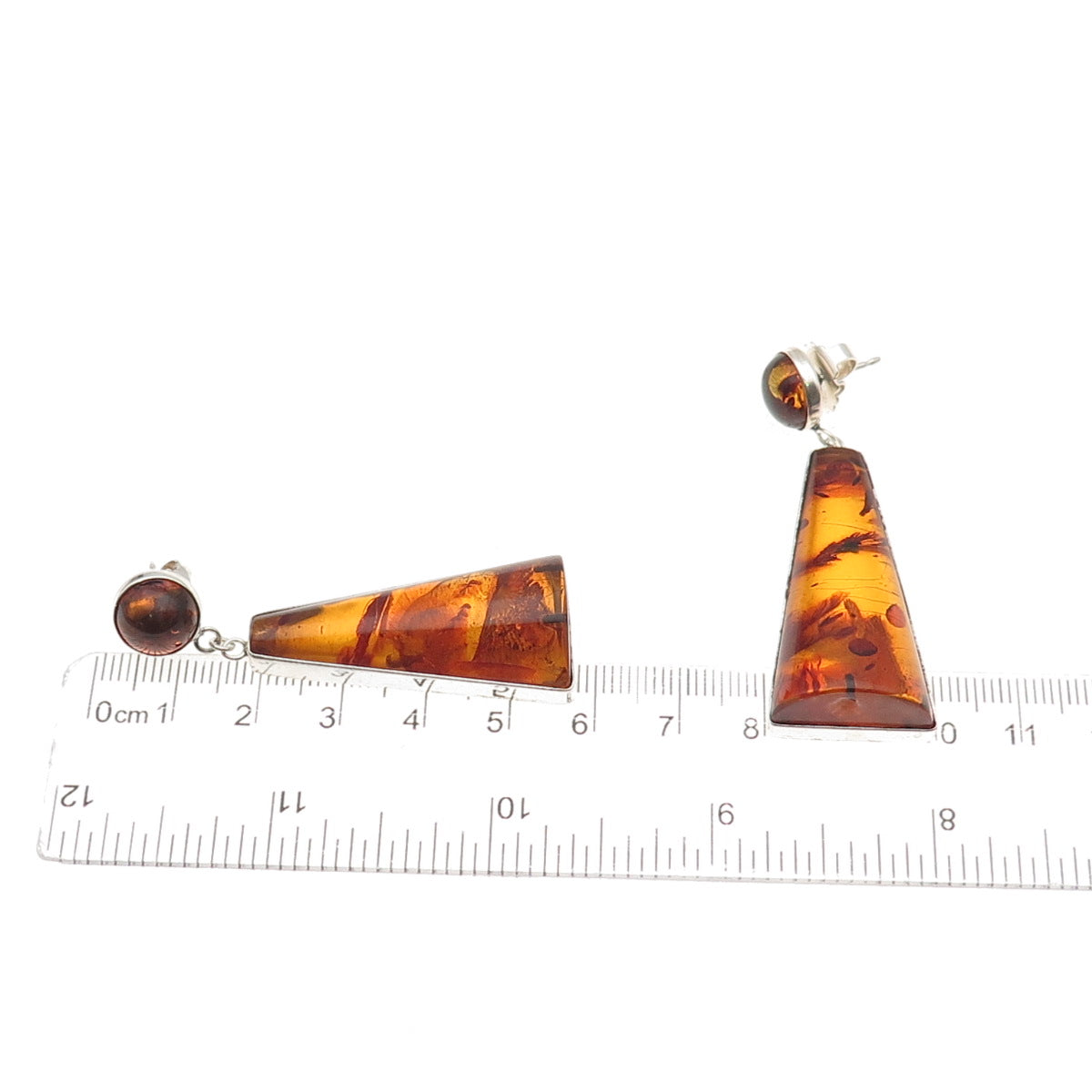 925 Sterling Silver Vintage Real Amber Modernist Dangle Earrings