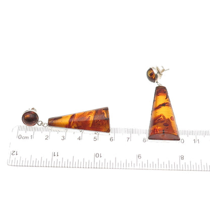 925 Sterling Silver Vintage Real Amber Modernist Dangle Earrings