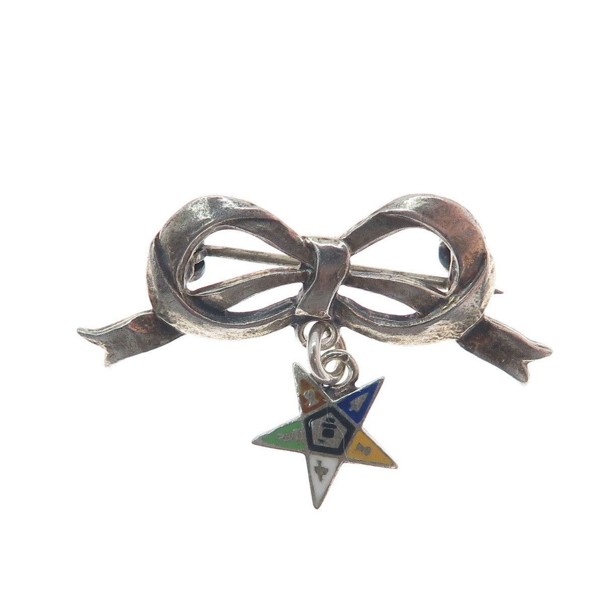 925 Sterling Silver Antique Enamel Bow Masonic Star Dangle Oxidized Brooch