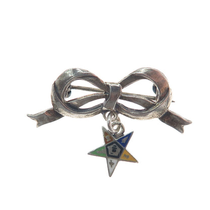 925 Sterling Silver Antique Enamel Bow Masonic Star Dangle Oxidized Brooch