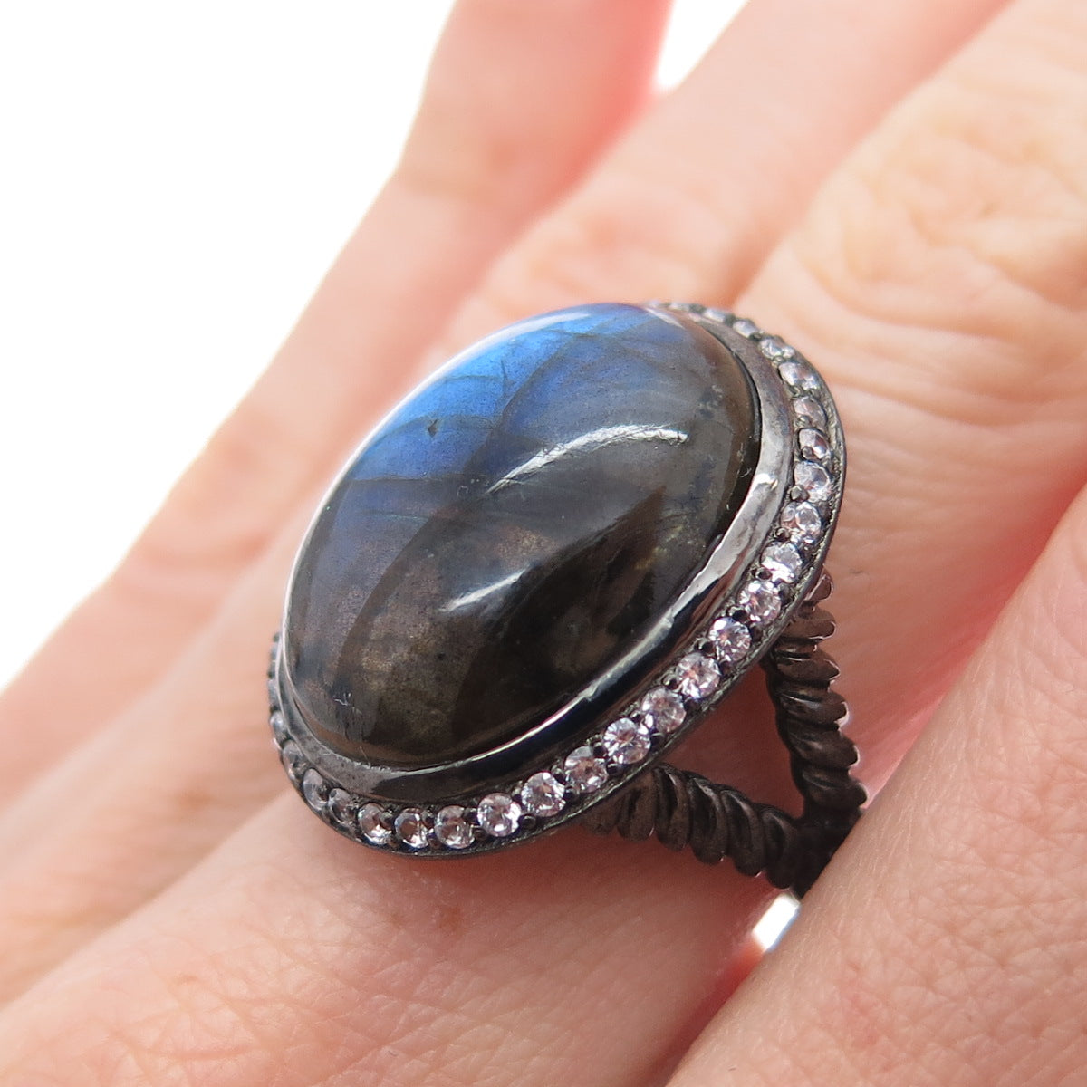 925 Sterling Silver Black Rhodium Real Labradorite & C Z Ring Size 6.25
