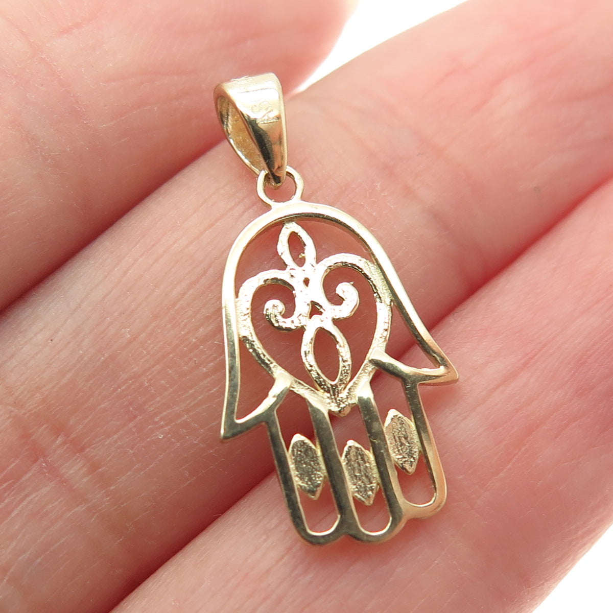 14K Yellow & White Gold Diamond-Cut Heart Hamsa Amulet Minimalist Charm Pendant