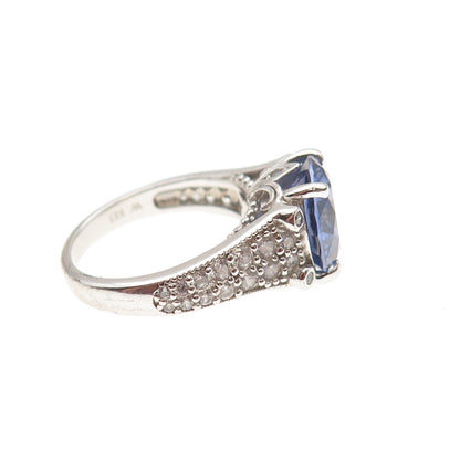 925 Sterling Silver Round-Cut Blue & White C Z Ring Size 5.25