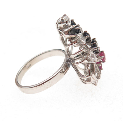925 Sterling Silver Antique Art Deco Real Sapphire Ruby Rhinestone Ring Size 7.5