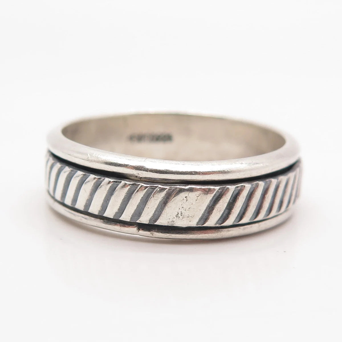 925 Sterling Silver Vintage Mexico Striped Rotating Band Ring Size 14.5