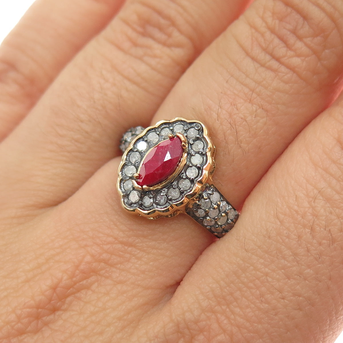 925 Sterling Silver Gold Plated Real Round-Cut Diamond & Ruby Ring Size 7.25