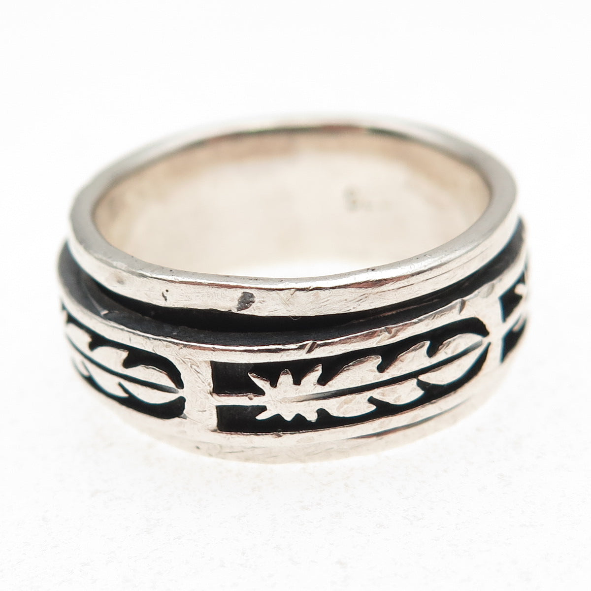 925 Sterling Silver Vintage Feather Oxidized Rotating Band Ring Size 9.75