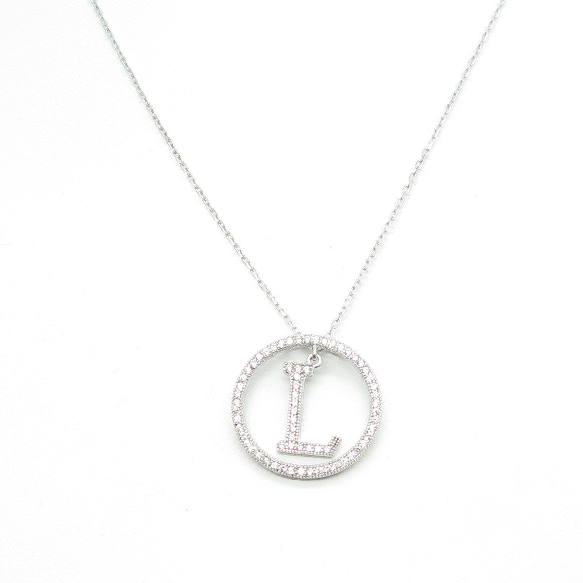 925 Sterling Silver Round-Cut C Z Letter "L" Initial Cable Chain Necklace 16-18"
