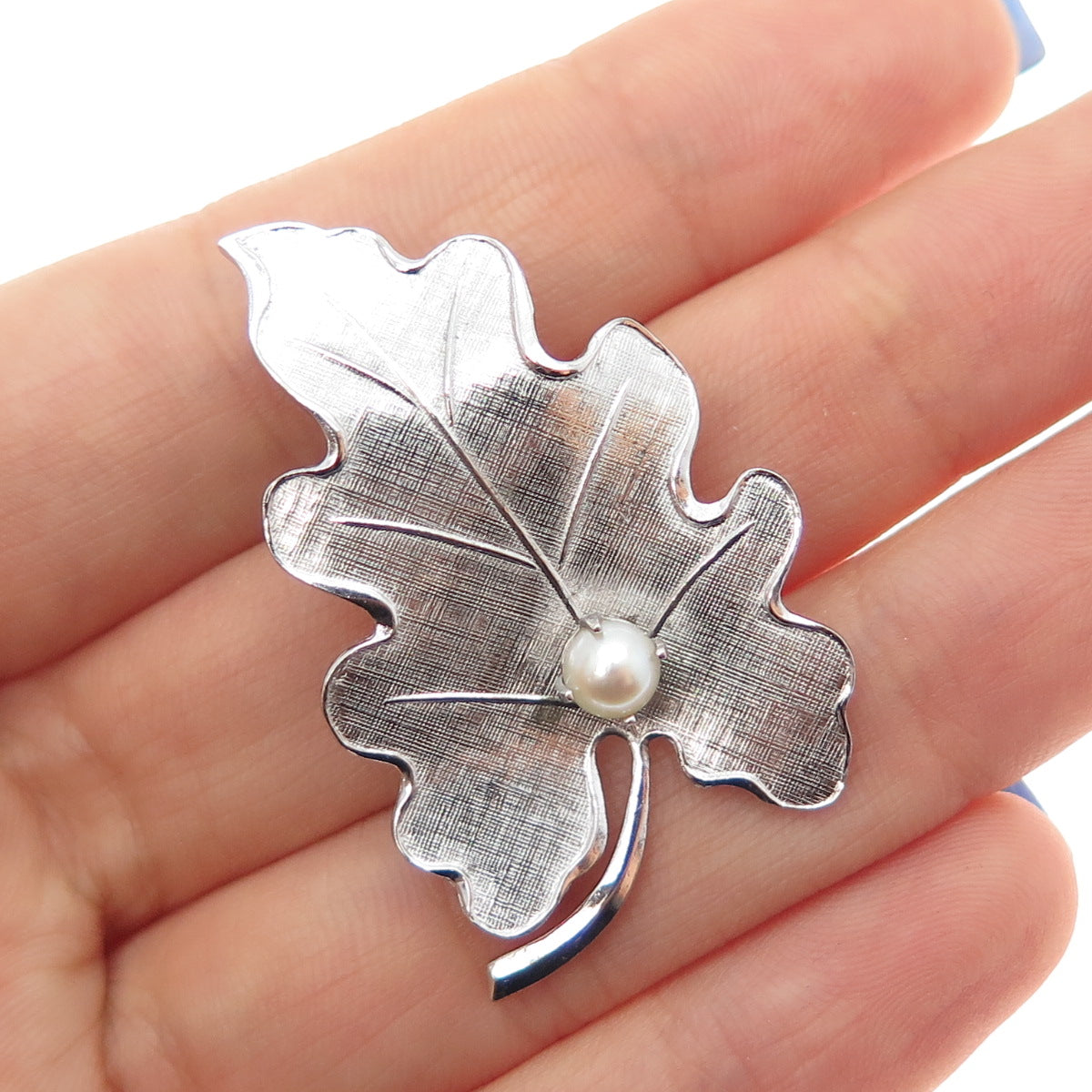CARL ART 925 Sterling Silver Antique Art Deco Real Pearl Oak Leaf Pin Brooch