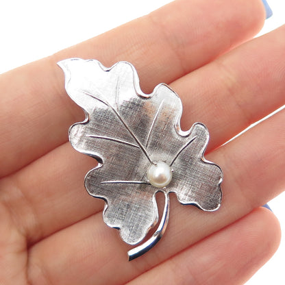 CARL ART 925 Sterling Silver Antique Art Deco Real Pearl Oak Leaf Pin Brooch