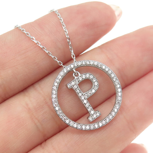 925 Sterling Silver Round-Cut C Z Letter "P" Initial Cable Chain Necklace 16-18"