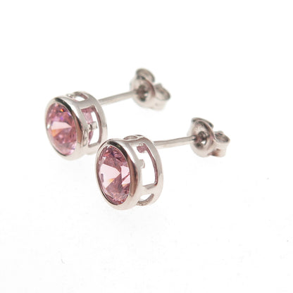 925 Sterling Silver Round-Cut Pink C Z Stud Earrings