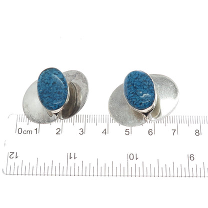 925 Sterling Silver Vintage Real Turquoise Inlay Modernist Clip On Earrings