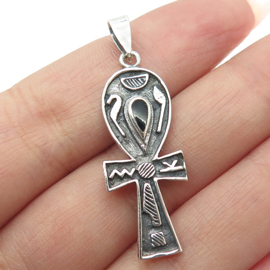 925 Sterling Silver Vintage Black Onyx Gem Egyptian Ankh Cross Pendant